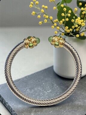 Luxury 18k Gold Silver Plated Stainless Pastel Green Twisted Cable Cuff Bracelet